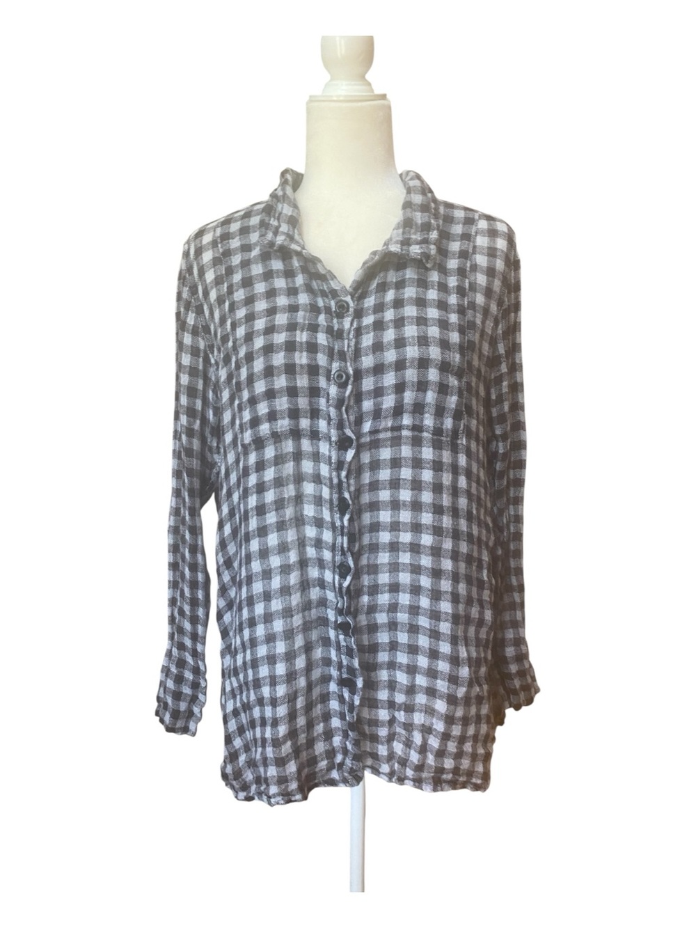 Flax Womens Gingham 100% Linen Button Down Blouse size S Checkered Lightweight
